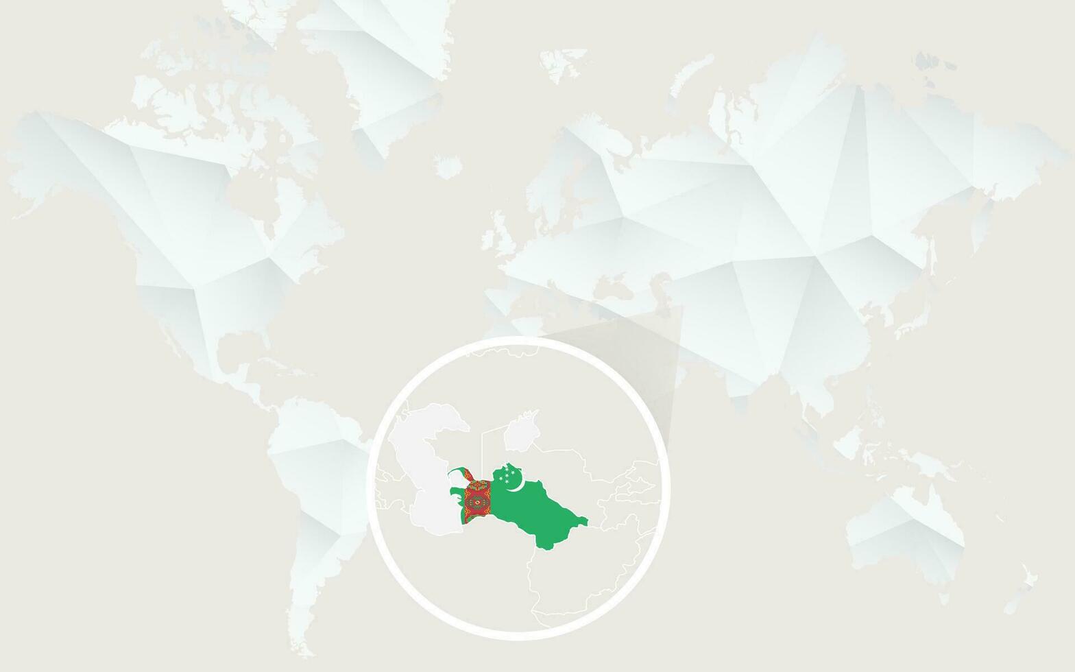 Turkmenistán mapa con bandera en contorno en blanco poligonal mundo mapa. vector