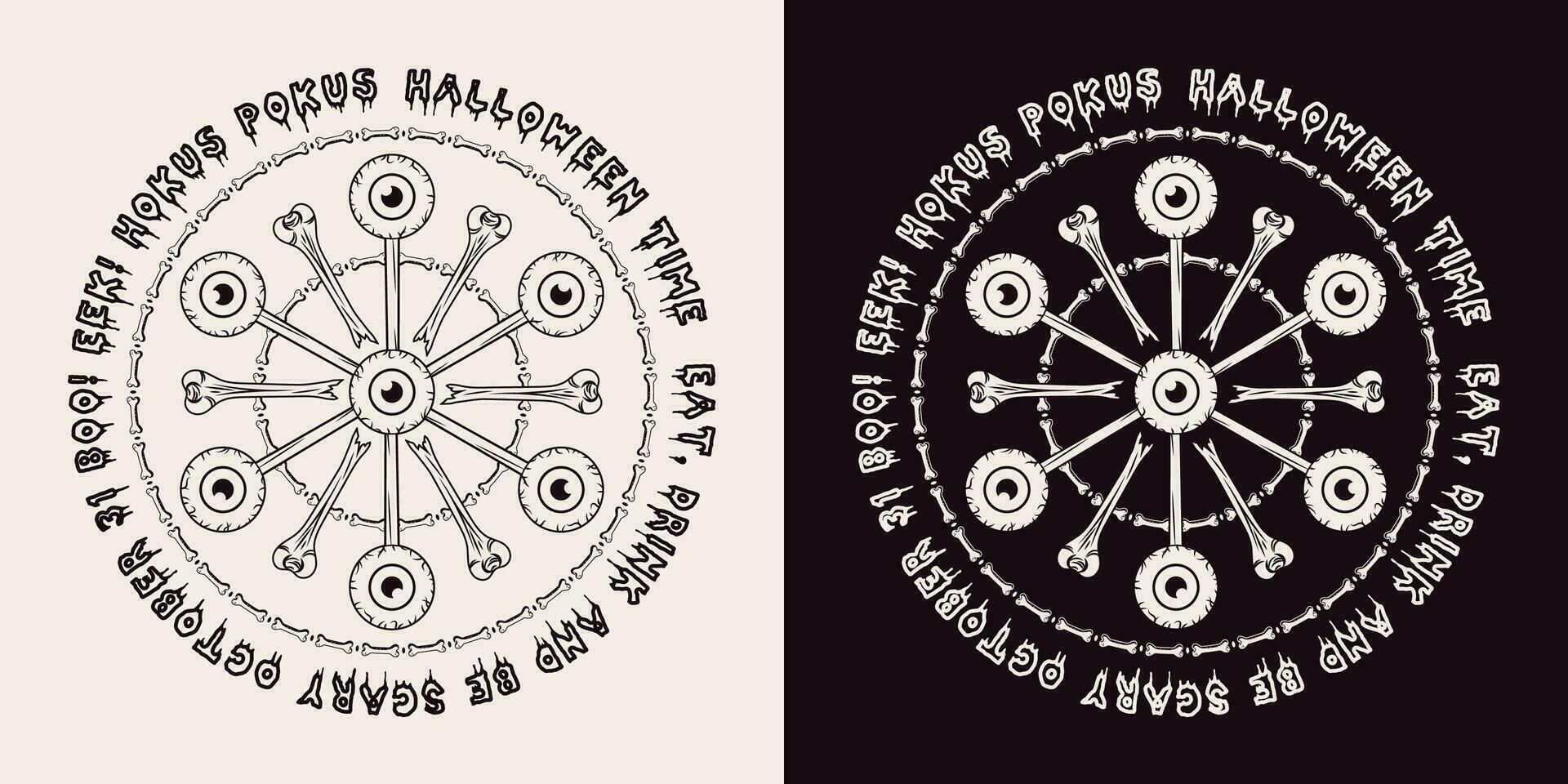 Halloween magic circle with human eyeball, bones vector