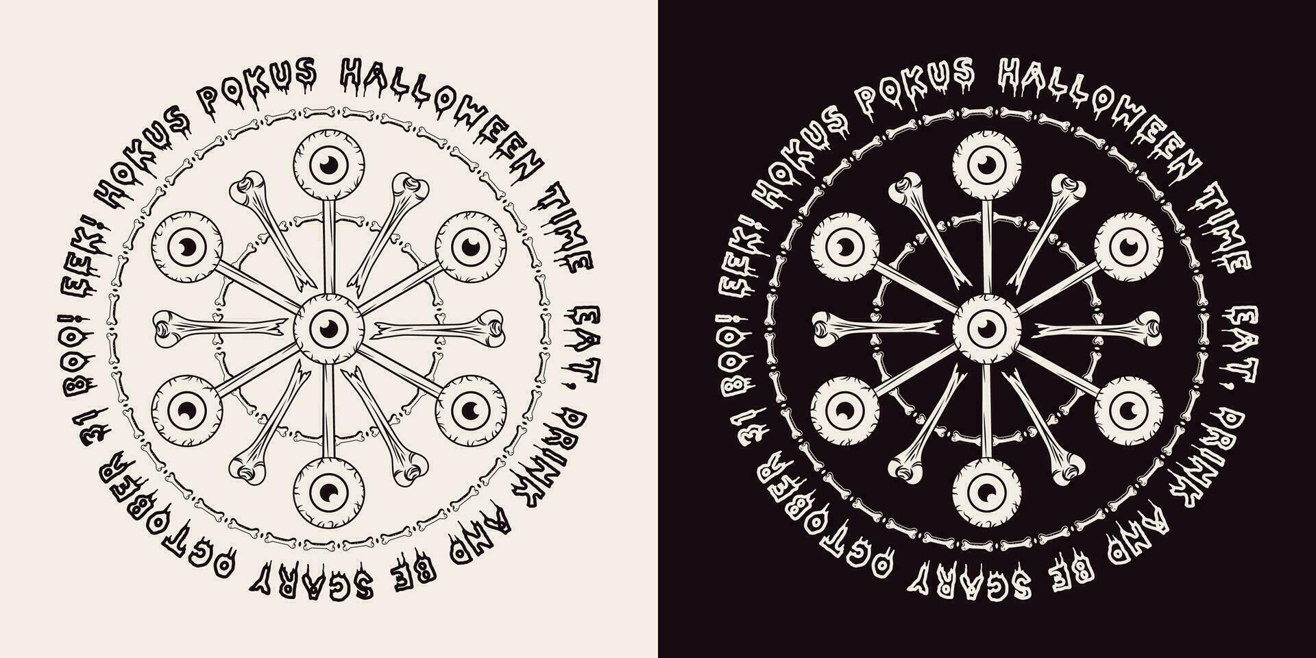 Víspera de Todos los Santos magia circulo con humano globo ocular, huesos vector