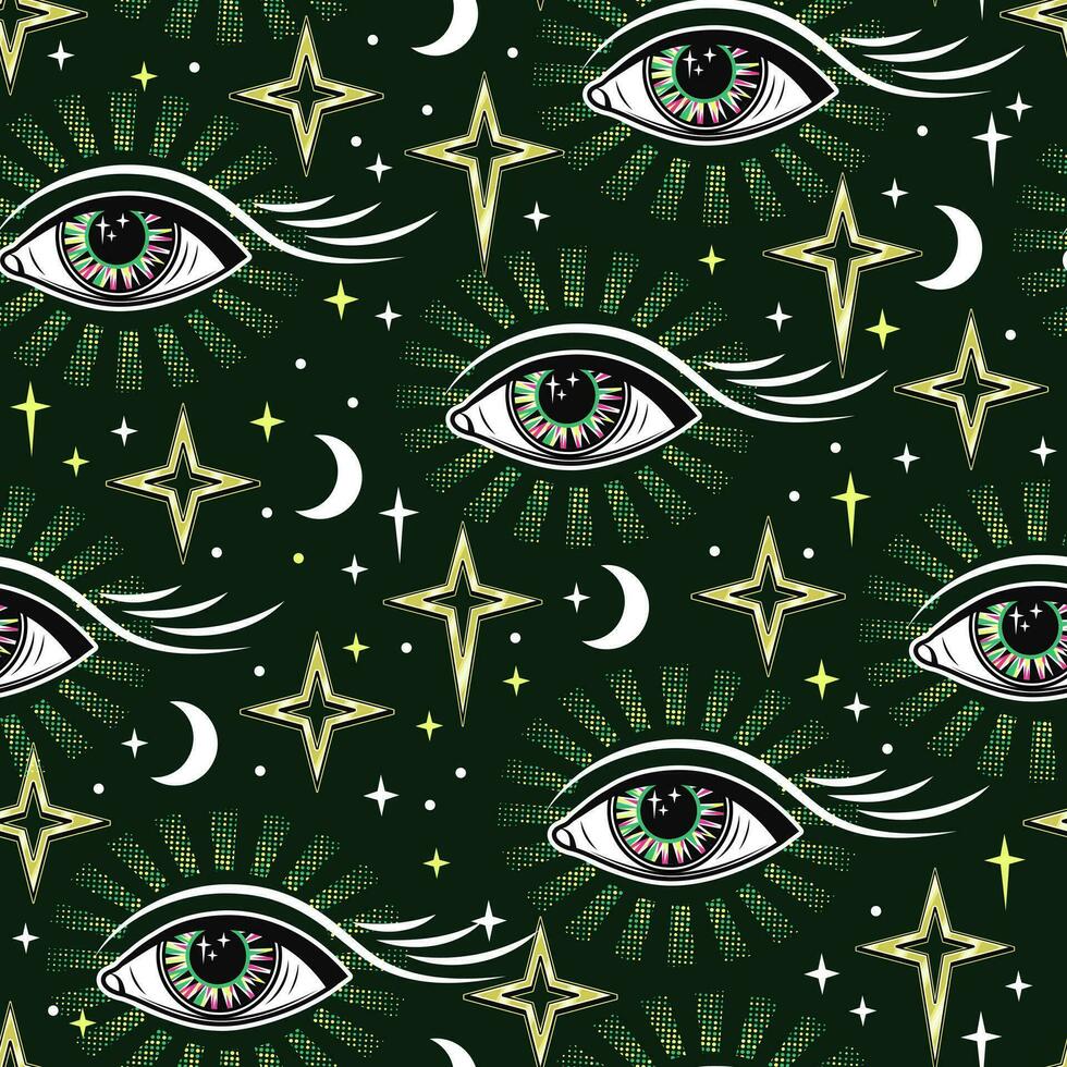 Pattern with all seeing eye, stars, crescent vector