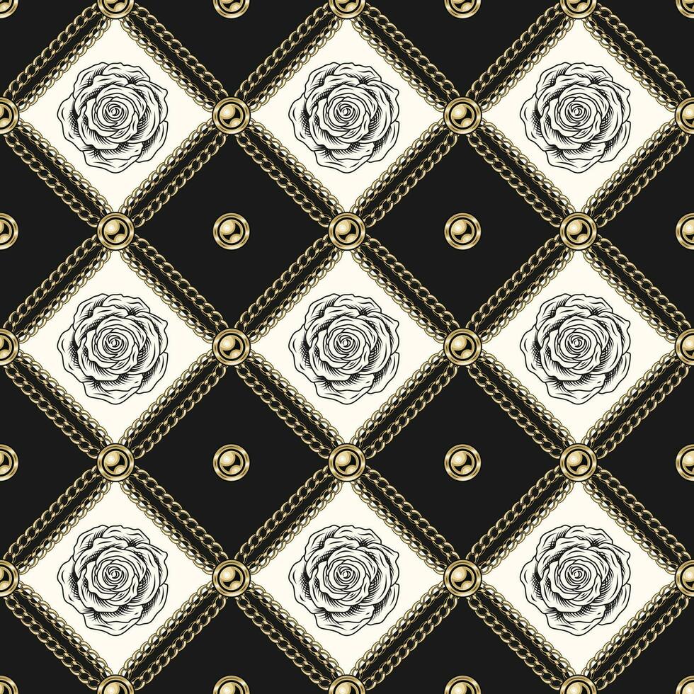 Staggered black and white pattern with roses vector