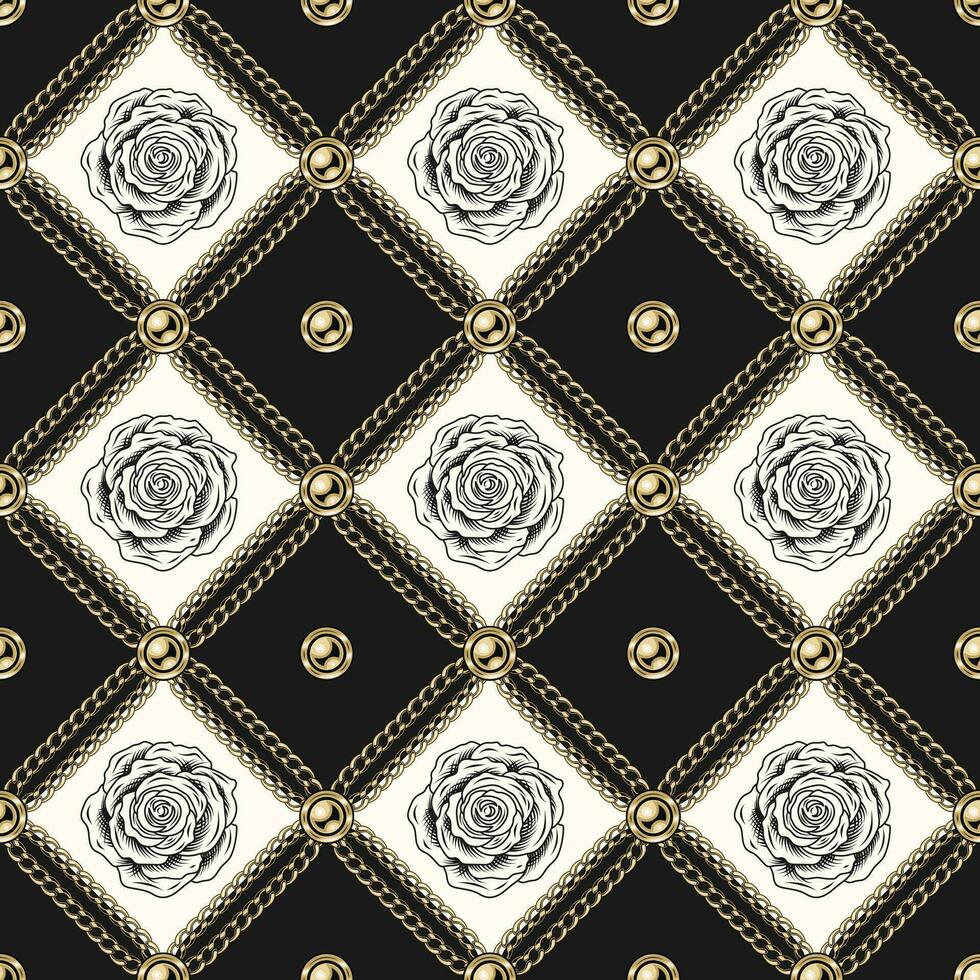 Staggered black and white pattern with roses vector