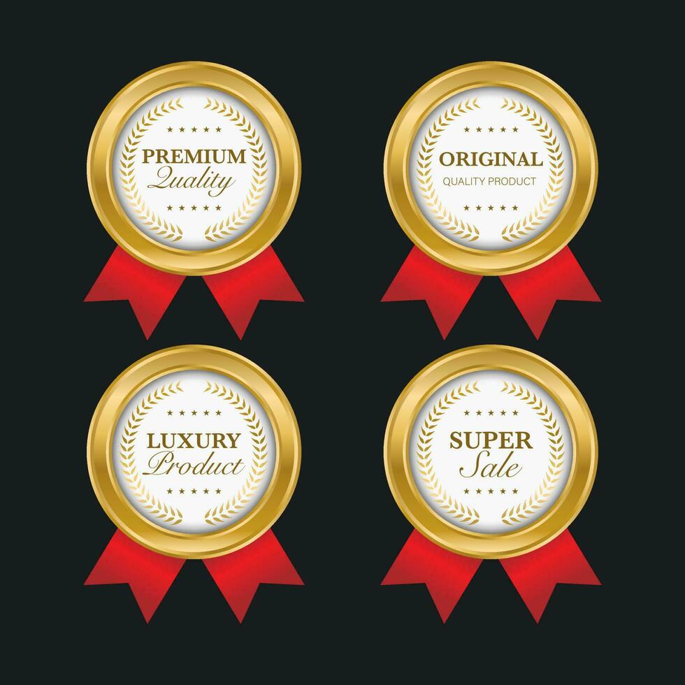Collection of blue top quality badges with gold border vector