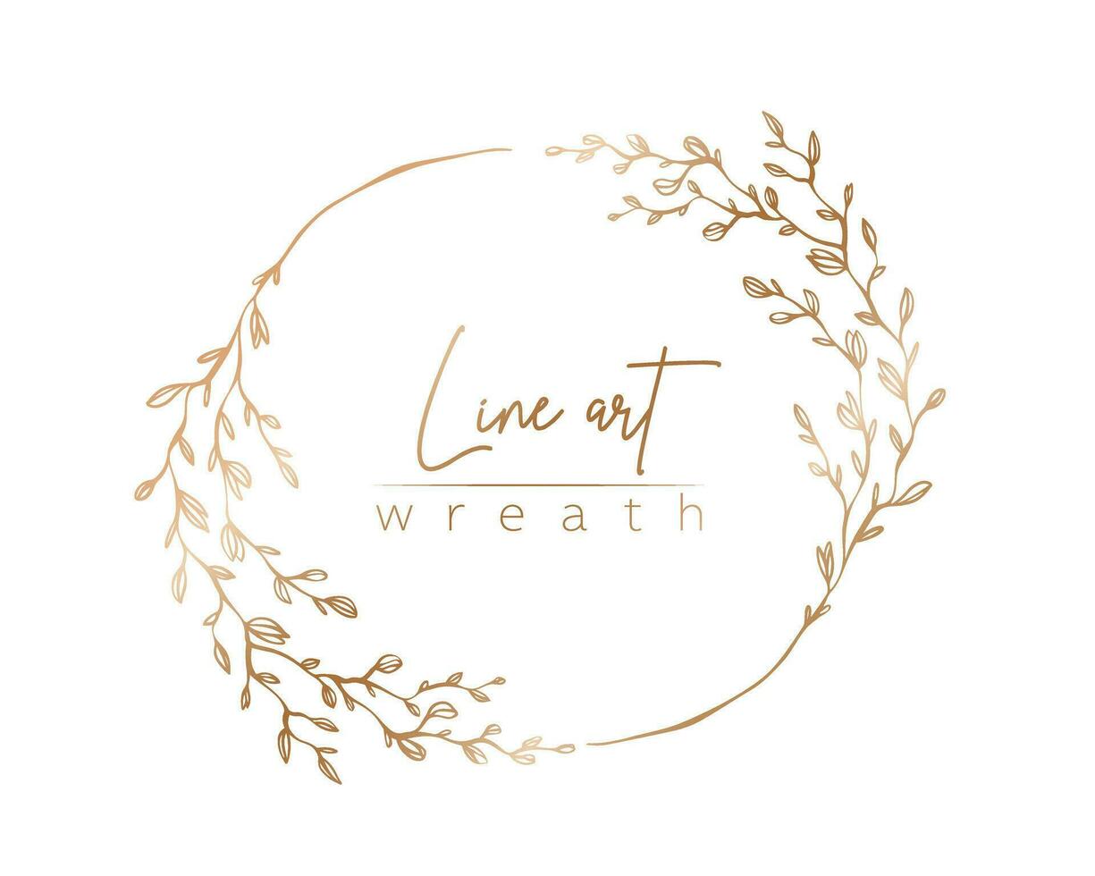 Botanical gold line illustration of leaves and branch wreath for wedding invitation and cards, logo design, web, social media and posters template. Elegant minimal style floral vector isolated.