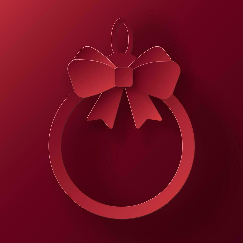 Vector red christmas paper cut 3d ball with bow pendant on bordeaux colored background. Xmas design elements for presentation, banner, cover, web, flyer, card, sale, poster, slide and social media