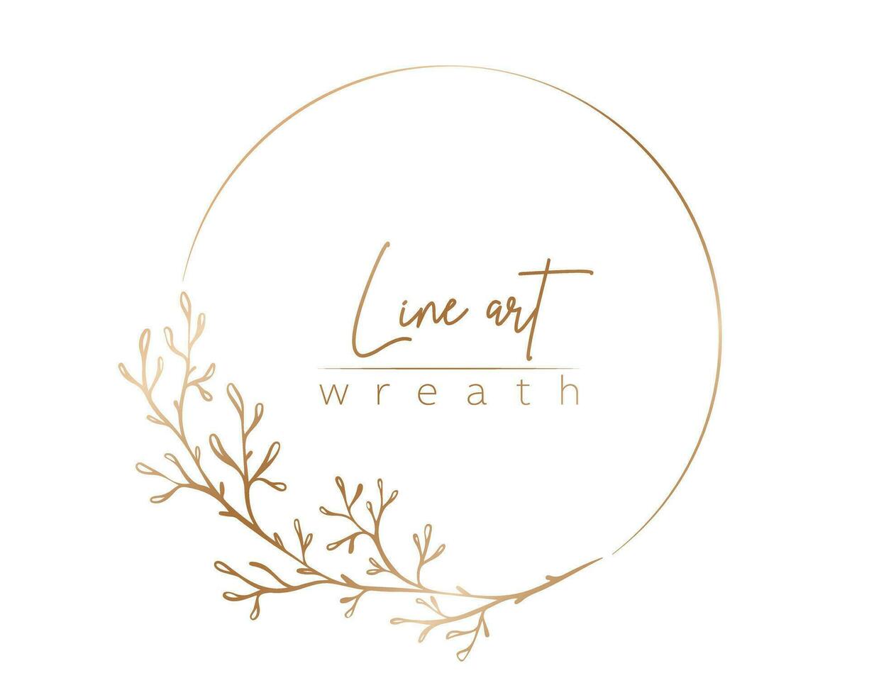 Botanical gold line illustration of leaves and branch wreath for wedding invitation and cards, logo design, web, social media and posters template. Elegant minimal style floral vector isolated.