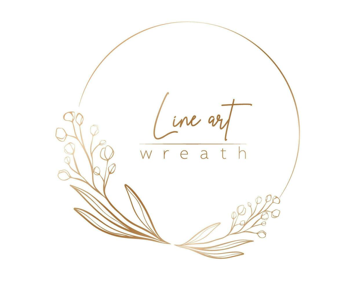 Botanical gold line illustration of flower and branch wreath for wedding invitation and cards, logo design, web, social media and posters template. Elegant minimal style floral vector isolated.