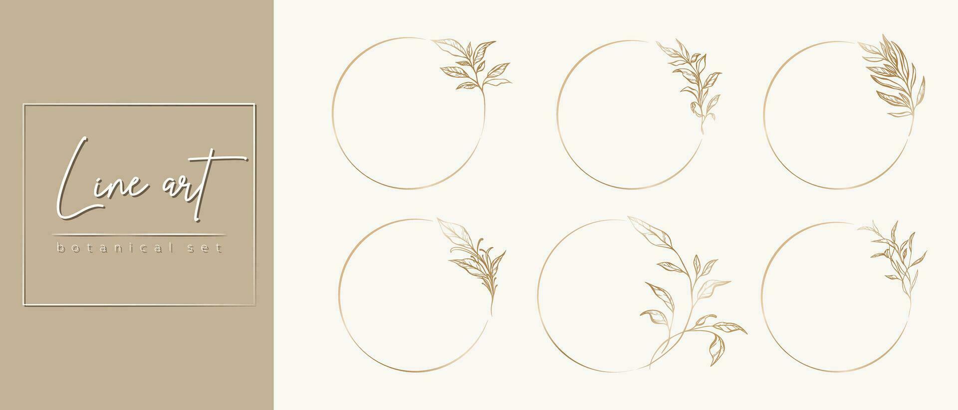 Botanical golden circle frame set. Hand drawn round line border, leaves and flowers, wedding invitation and cards, logo design, social media and posters template. Elegant minimal style floral vector