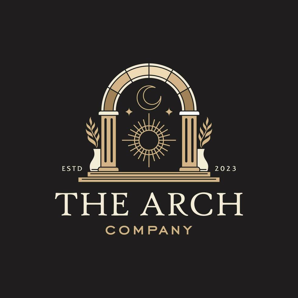 logotipo de la puerta del sol místico, entrada de la arquitectura del arco antiguo e icono de la escalera, con puerta, ventana y palmeras en estilo boho estético contemporáneo vector