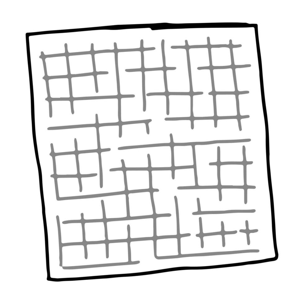 Checkered sheet, memo page, paper blank template in doodle style. Clip art for planning, diary, sticker. Hand drawn vector design element. Contour drawing isolated on white.