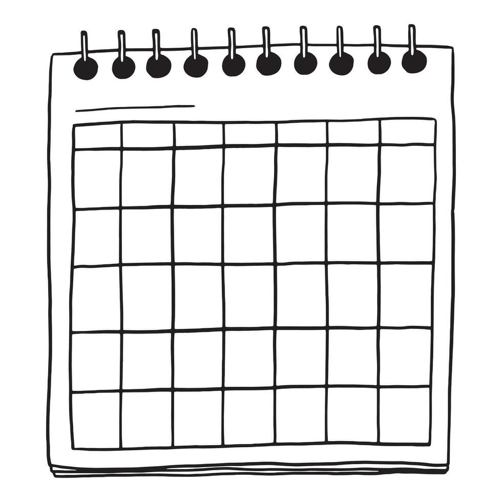 Wall calendar blank template in doodle style. Clip art for planning, diary, sticker. Hand drawn vector design element. Black ink contour drawing isolated on white background. Retro sketch style.