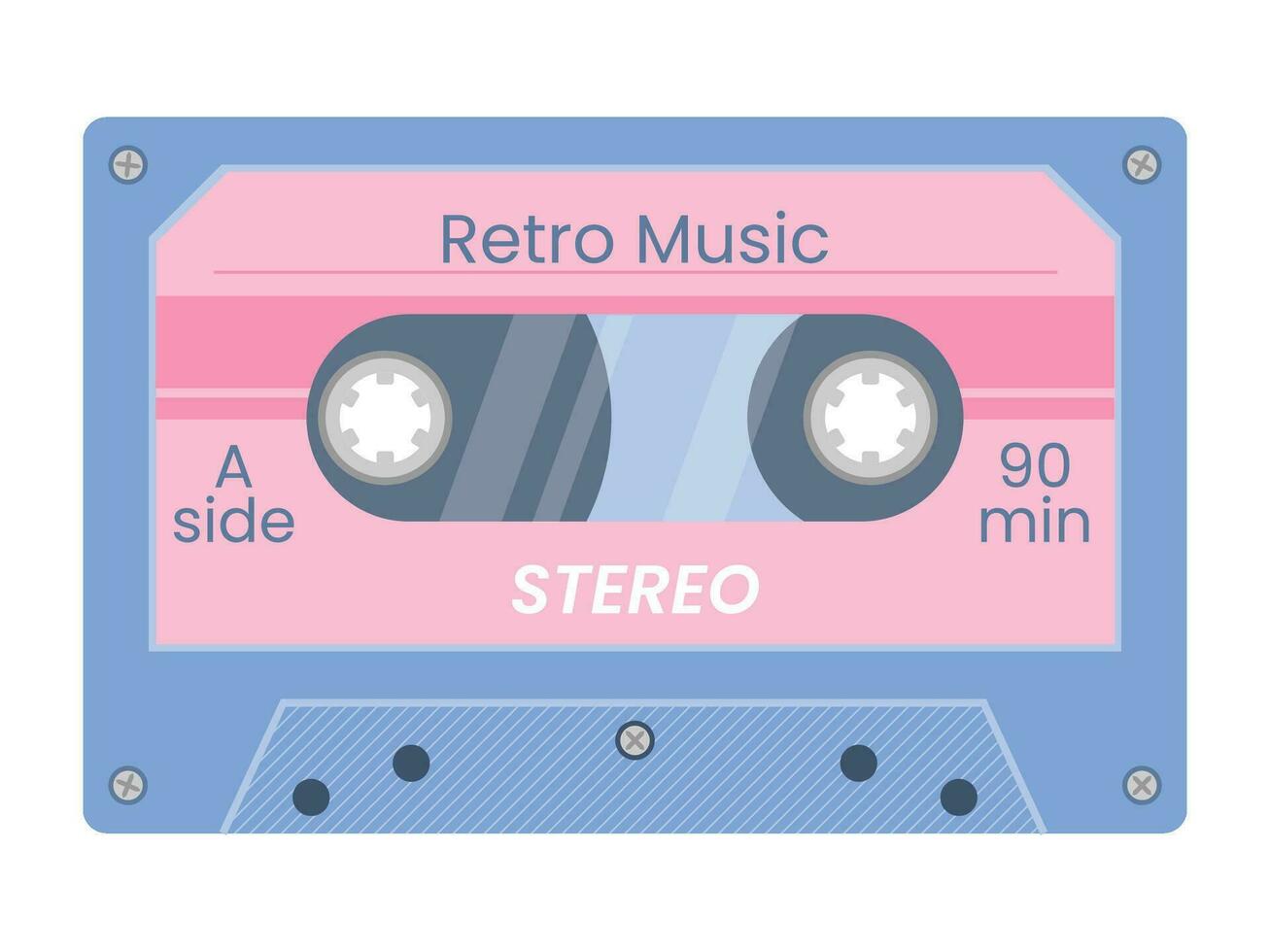Vintage audio cassette tape. Retro mixtape of tunes and songs 1980s or 1990s. Audio equipment for analog music records. Trendy groovy pop object for poster, banner, card, cover, label, ad, stickers vector