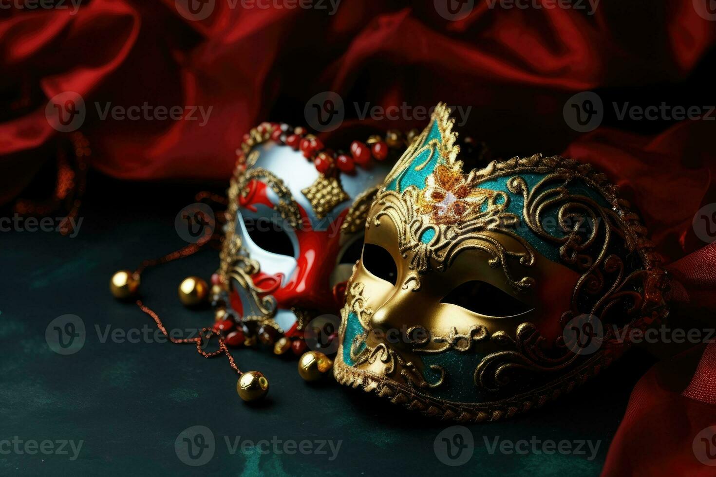 Festive Venetian carnival mask with gold decorations on red background. Generative AI photo