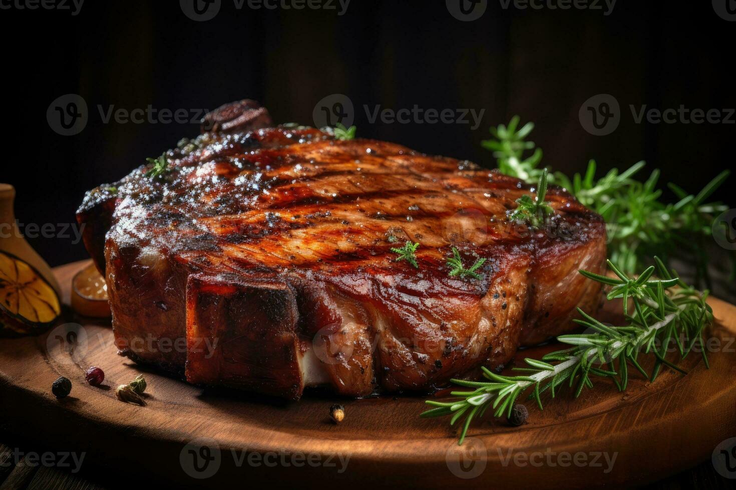 Roasted pork steak on the dark wooden surface. Generative AI photo
