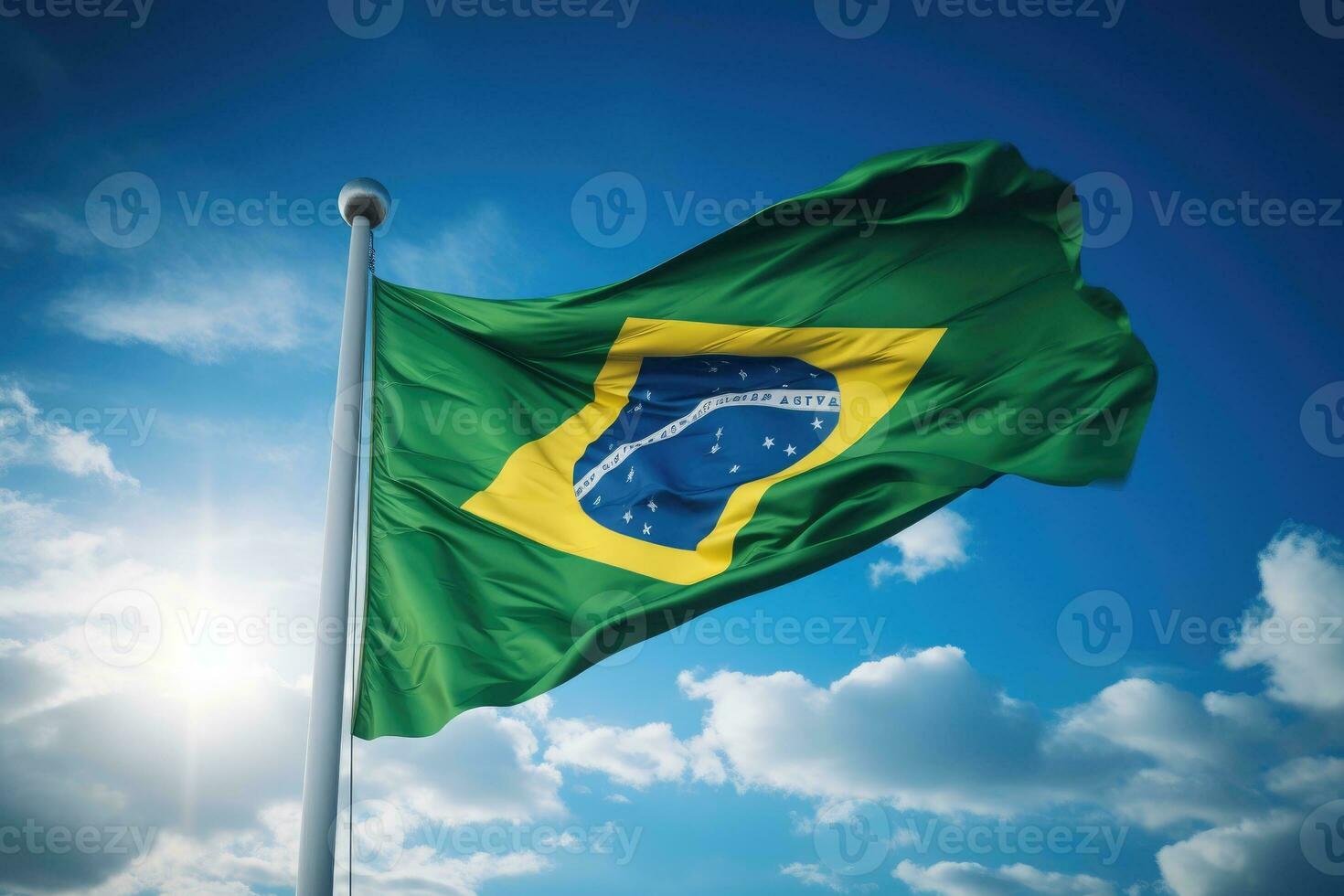 Brazilian flag flying on a flagpole. Generative AI photo
