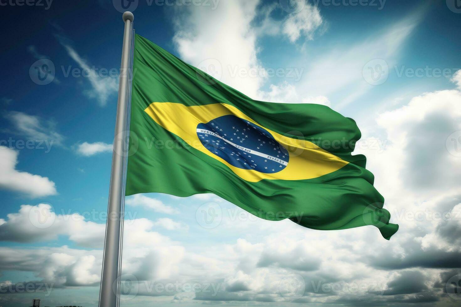 Brazilian flag flying on a flagpole. AI Generative photo