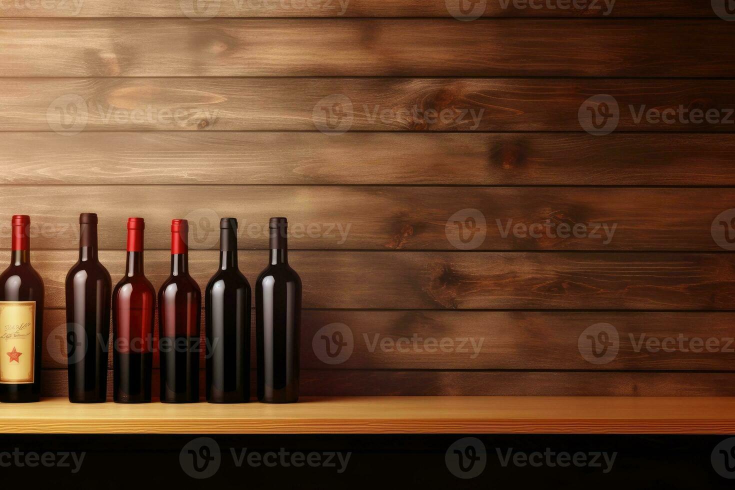 Bottles of red wine on a wooden shelf. Copy space for winery. AI Generative photo