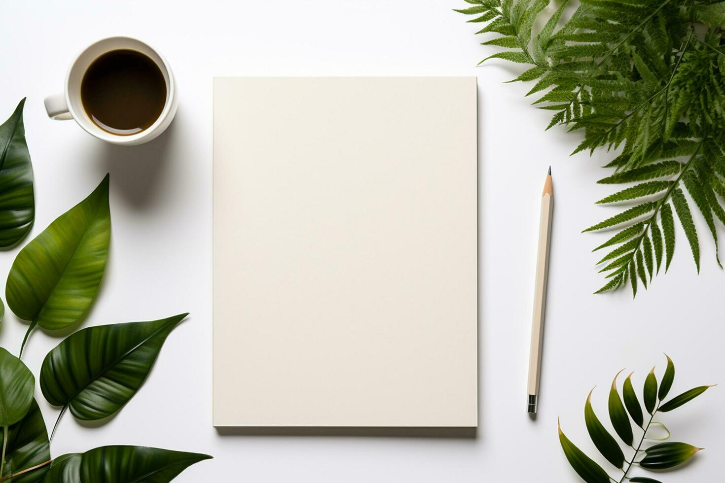 notepad pencil and green leaf pot palnt with coffee cup on white. Generative ai. photo