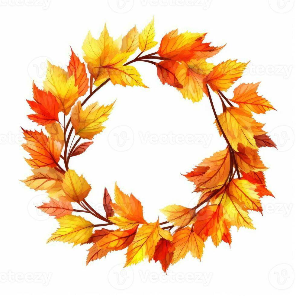 Round frame with orange and yellow maple leaves. Autumn wreath. Generative AI photo