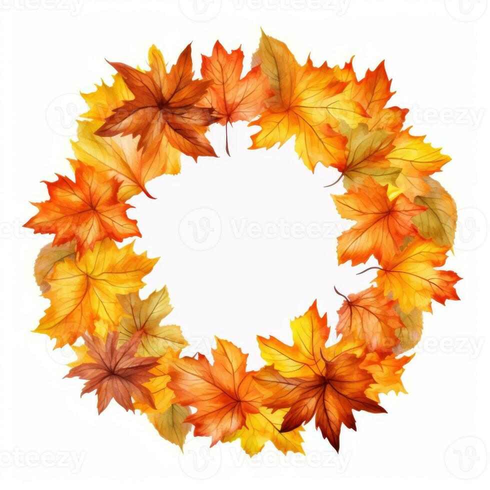 Round frame with orange and yellow maple leaves. Autumn wreath. Generative AI photo