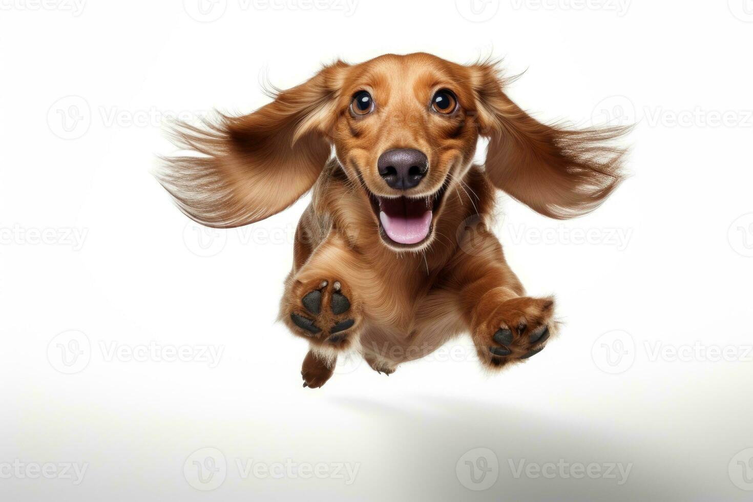 Cute and cheerful dog in flight on a white background. Playful dachshund. AI Generative photo