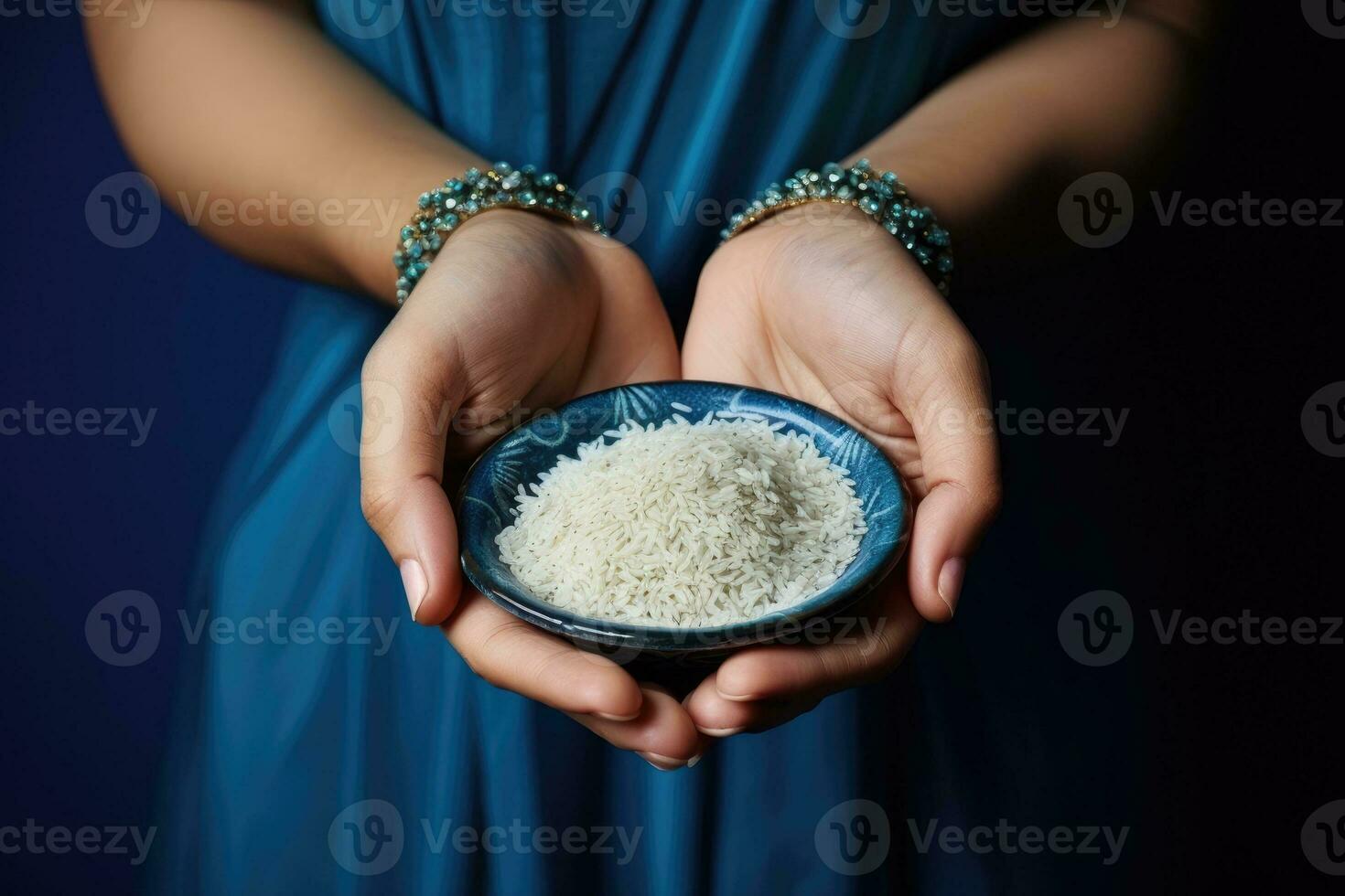 Female hands holding a bowl of rice. Generative AI photo