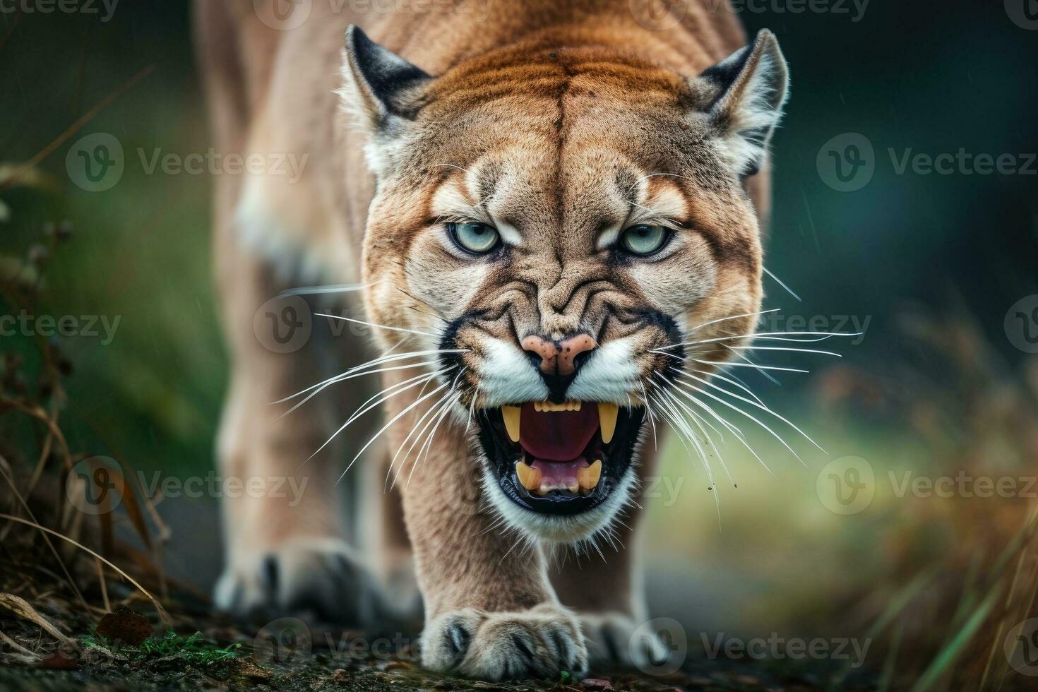 Roaring cougar or mountain lion hunts its prey. Generative AI photo
