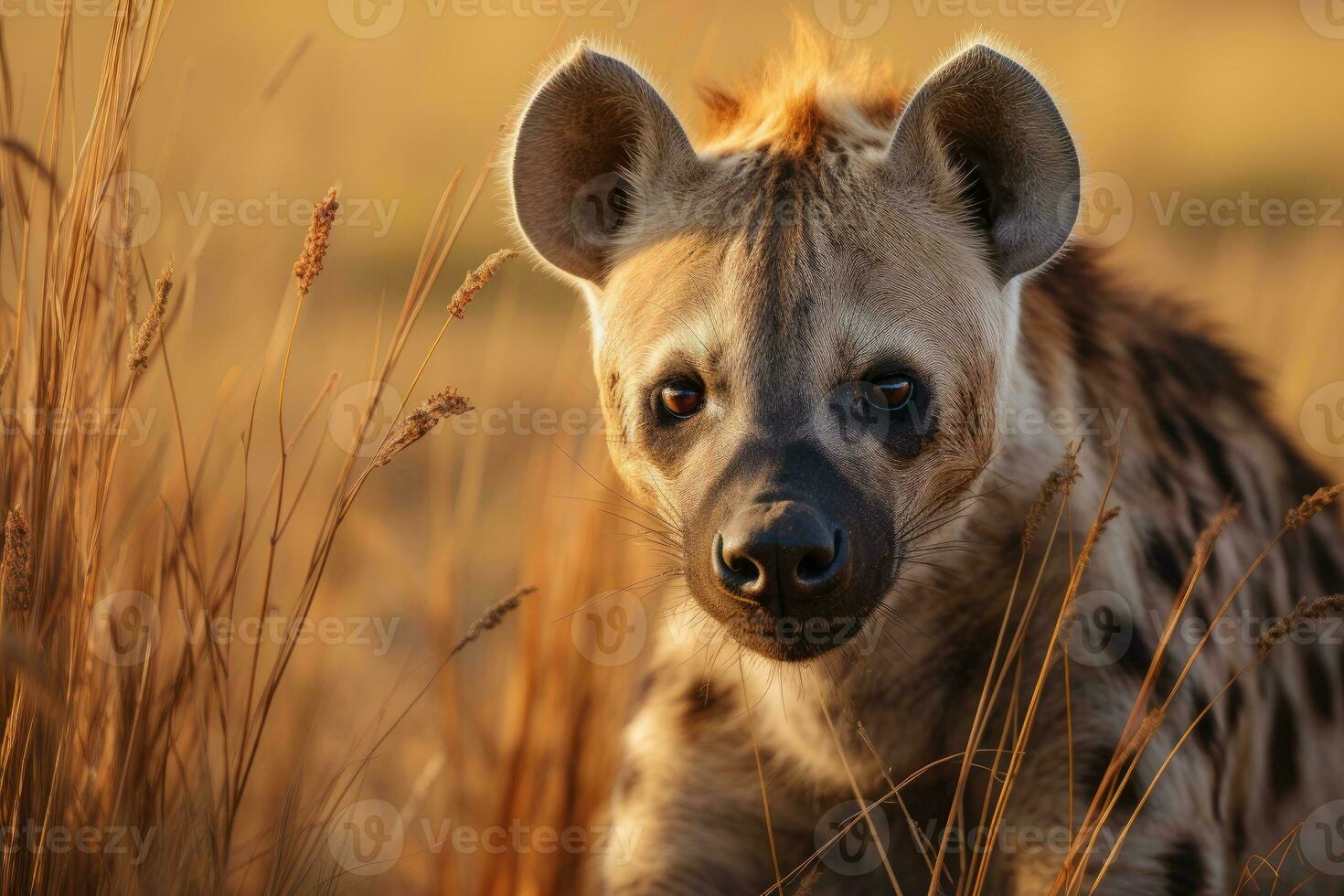 Spotted hyena in dry tall grass. AI Generative photo