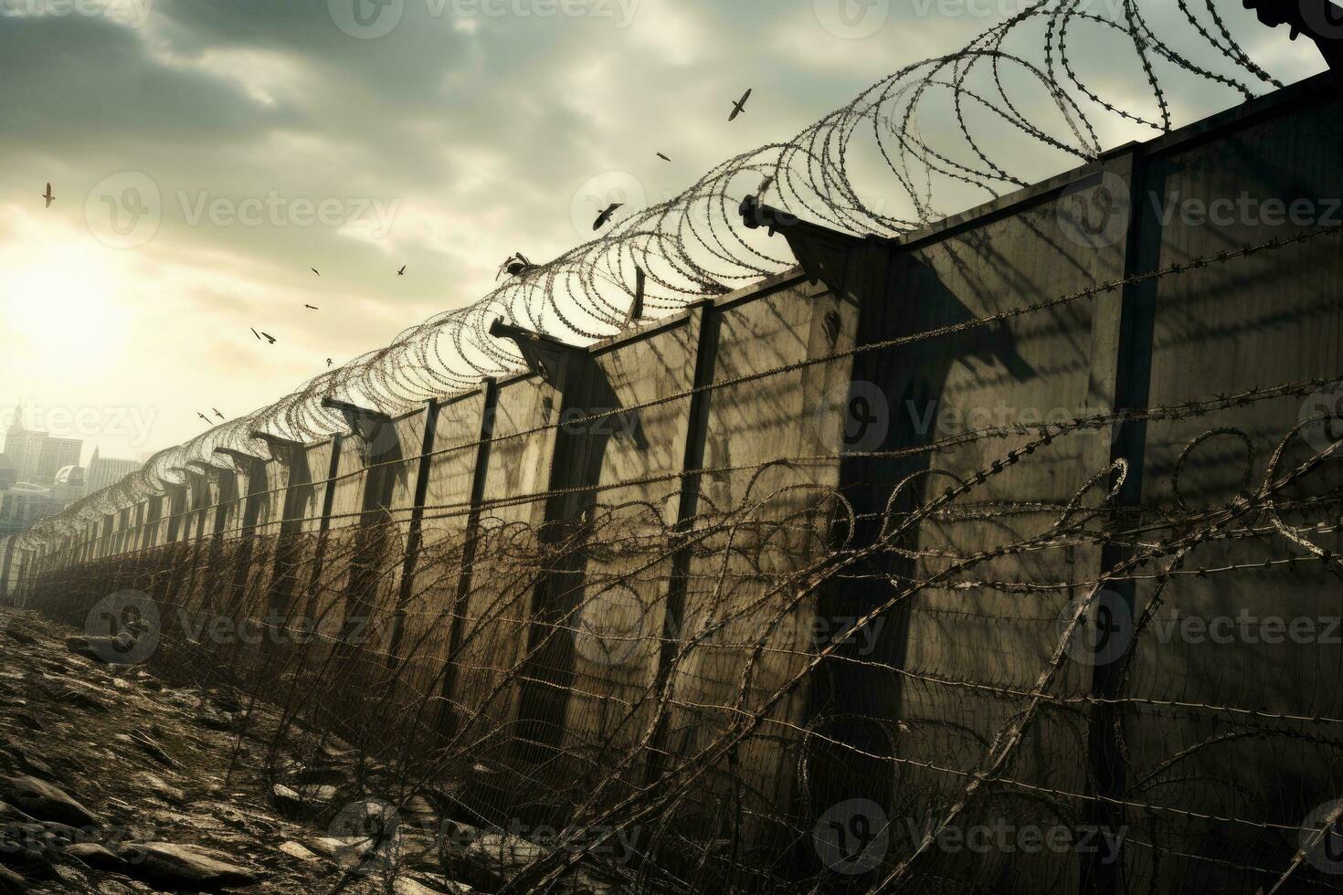 Barbed and razor wire fence. Fencing the state border against immigration photo
