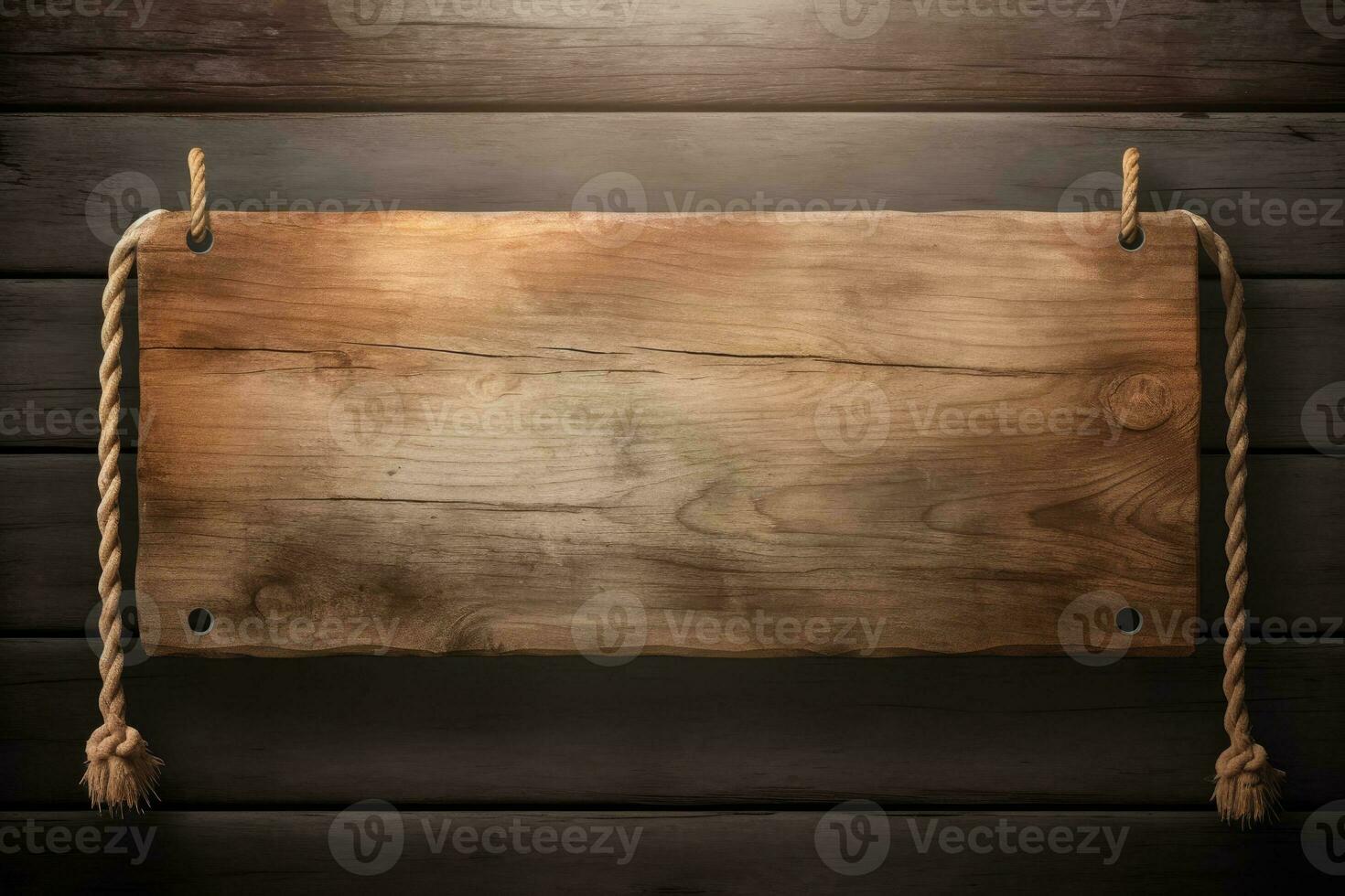 Wooden sign plain hanging from rope on vintage background. Generative AI photo