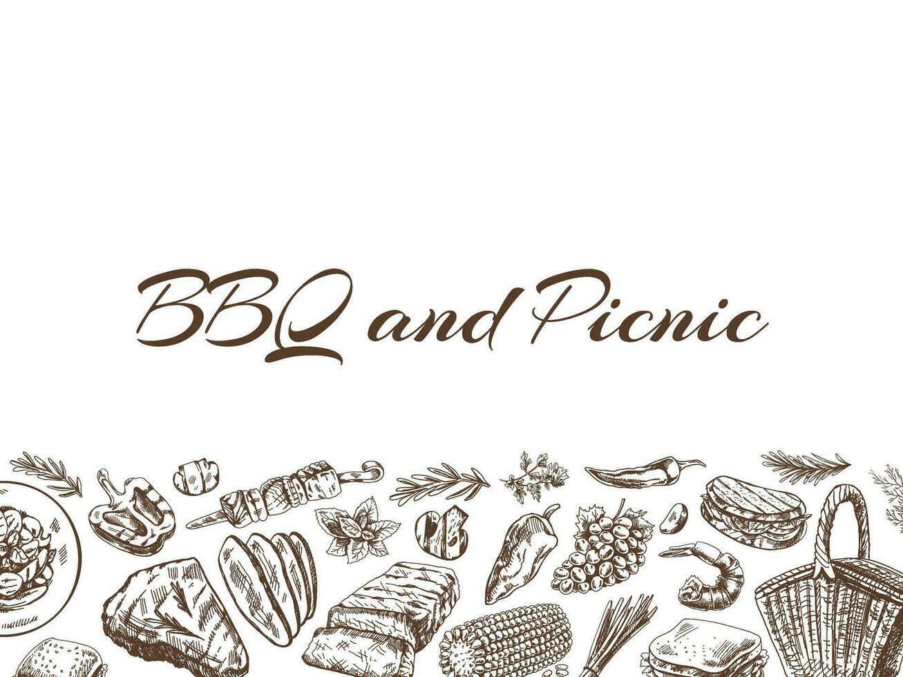 Vintage monochrome barbecue and picnic template, hand-drawn.  For the design of the menu of restaurants and cafes, grilled food. Engraved image. A template with an empty space. vector