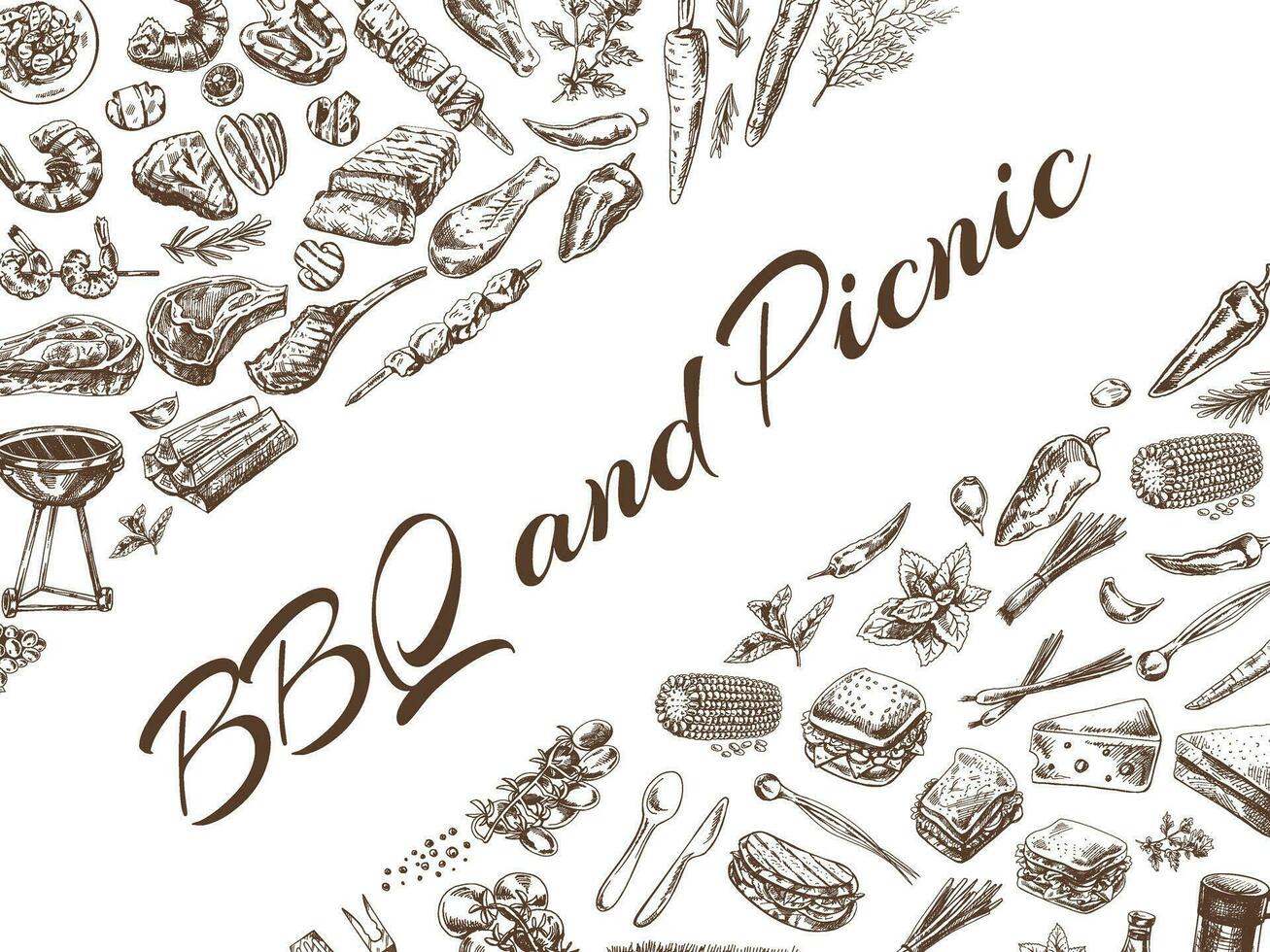 Vintage monochrome barbecue and picnic template, hand-drawn.  For the design of the menu of restaurants and cafes, grilled food. Engraved image. A template with an empty space. vector