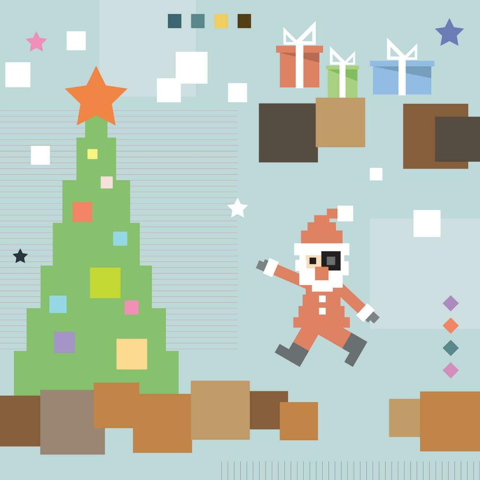 Decorated Christmas tree and Santa Claus 90's gaming concept vector illustration. Merry Christmas and Happy New Year greeting card template.