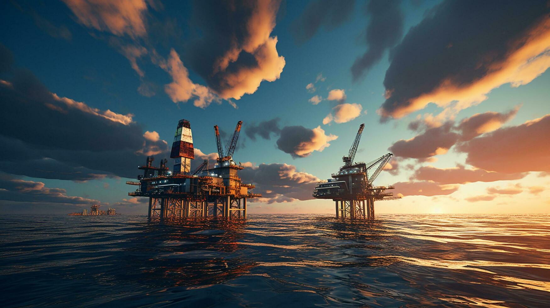 Panorama Offshore Jack Up Rig in The Middle of The Sea at Sunset. Generative ai. photo