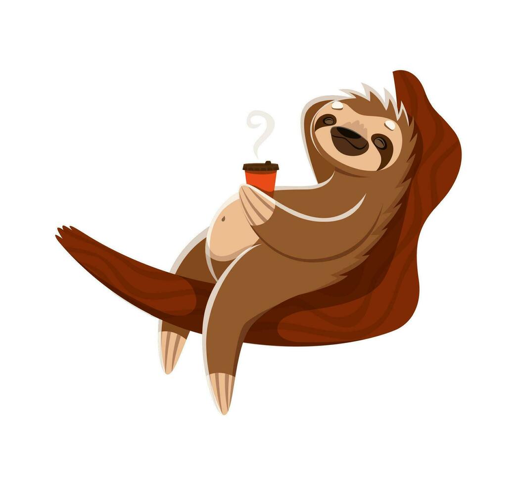 Cartoon relaxing sloth with coffee cup in hand vector