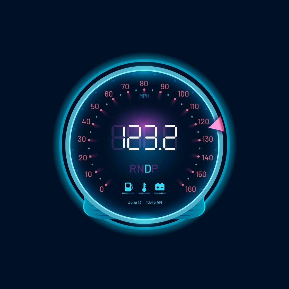 Car speedometer neon dial, speed gauge dashboard vector