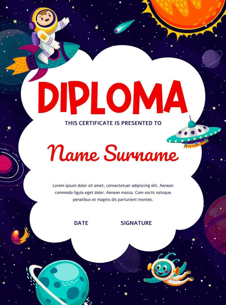 Astronaut kids diploma, spaceman rocket, planets vector