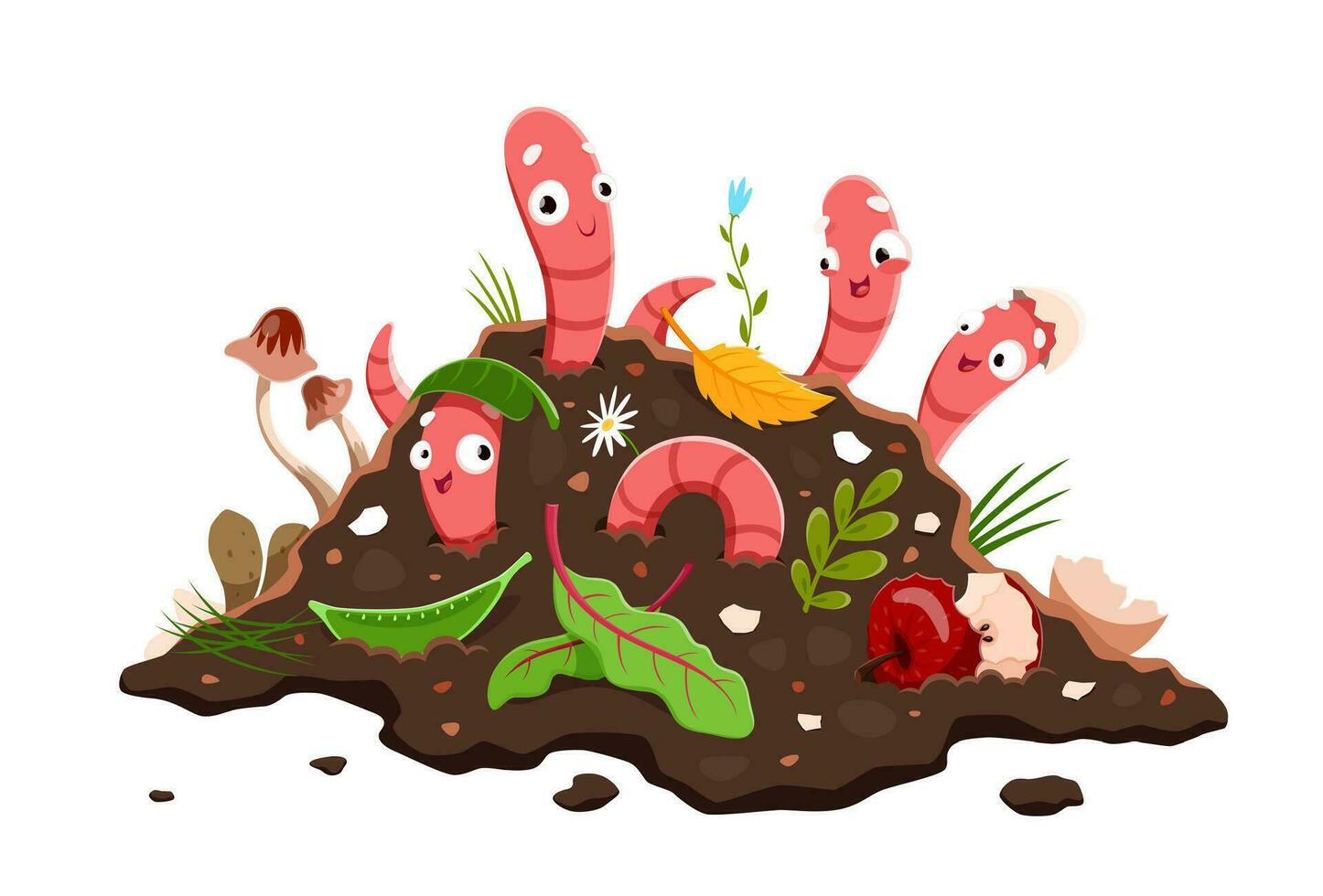 Cartoon funny earth worms vermicomposting in soil vector