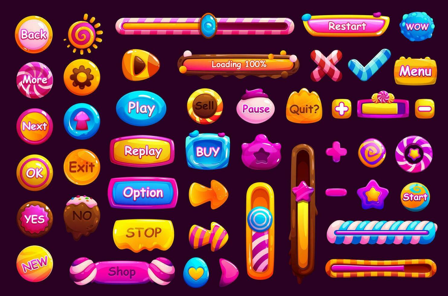 Game candy interface buttons and window, frame vector