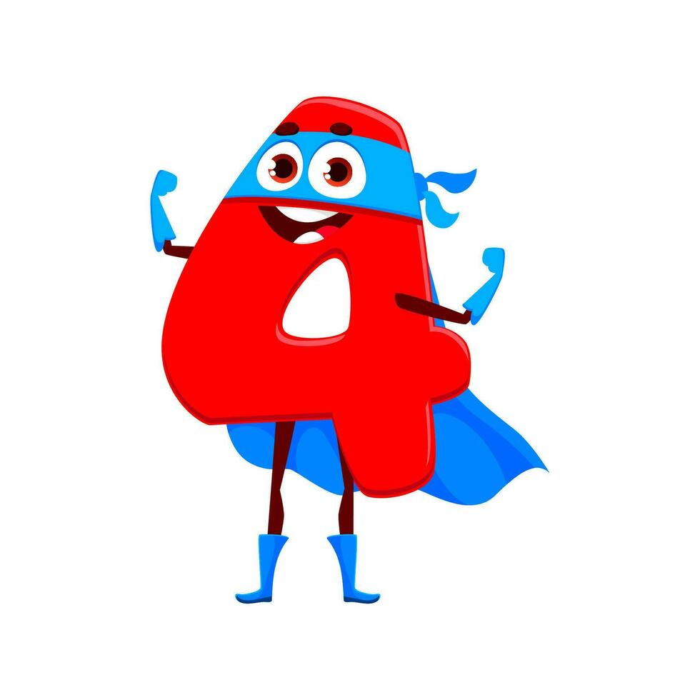 Cartoon math number four superhero character vector