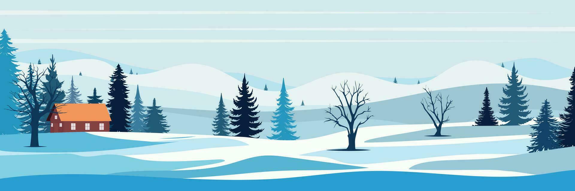 Winter landscape. Winter view with mountain, tree, pine tree, snow and house. Winter background. Vector illustration.