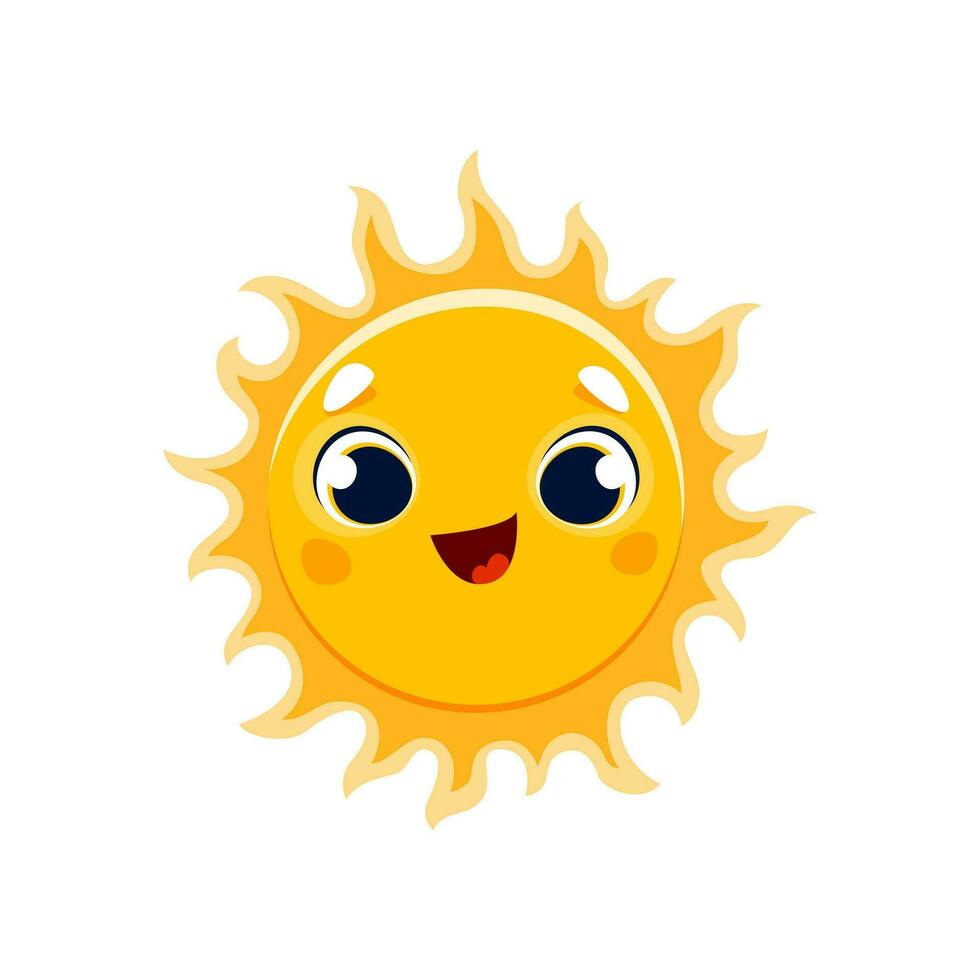 Cartoon happy sun character, positive emoticon vector