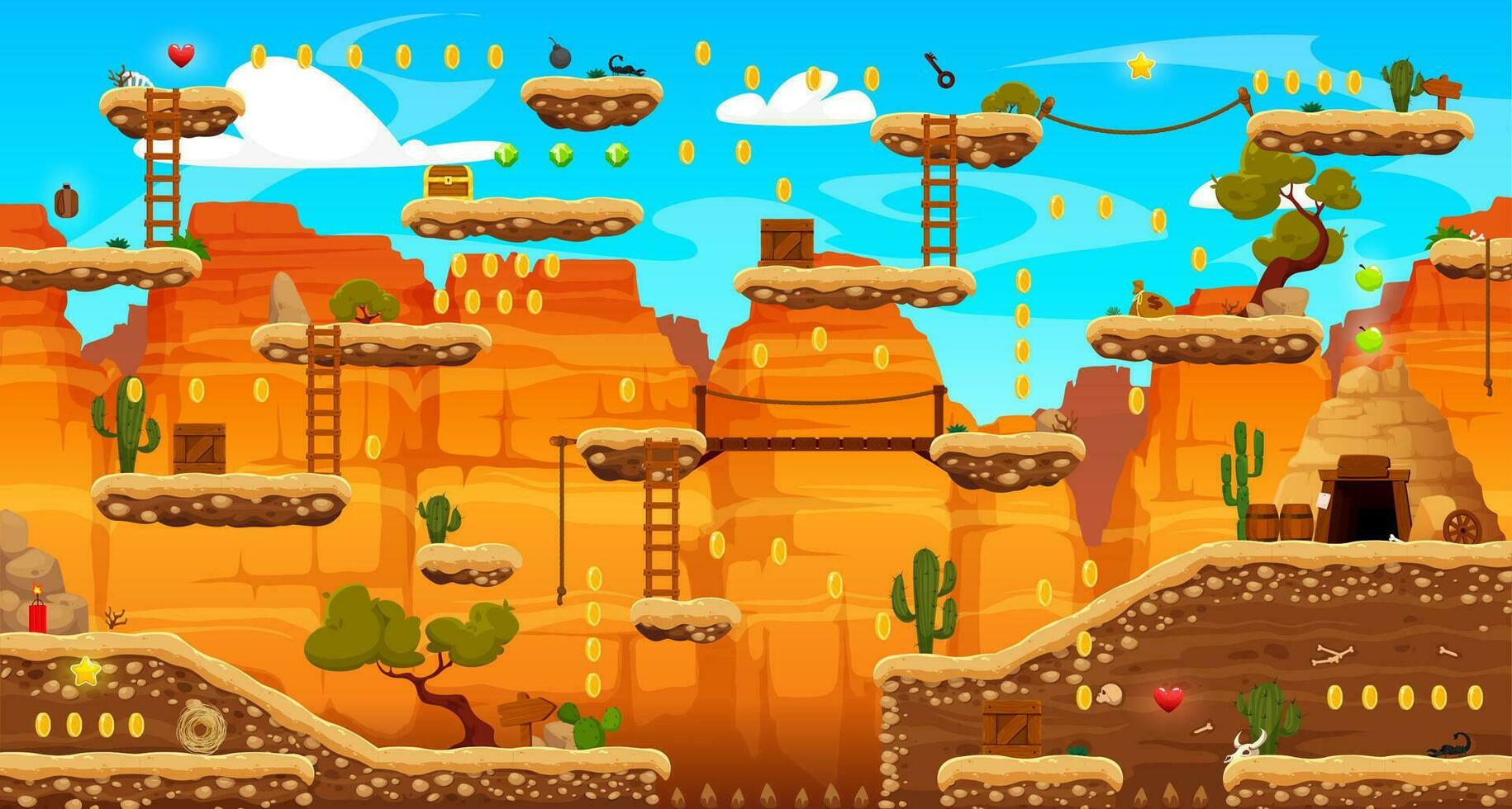Arcade game level map, Wild West rocks platforms vector