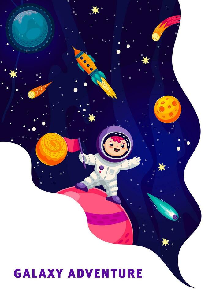 Cartoon kid astronaut on space planet poster vector