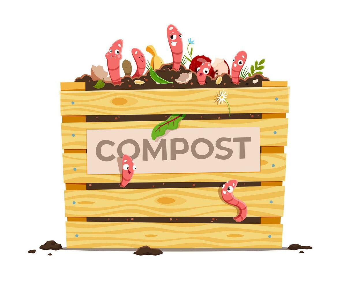 compost de madera caja con gracioso dibujos animados tierra gusanos vector