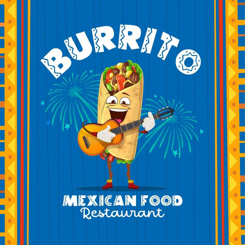 Cartoon mexican burrito mariachi playing guitar vector