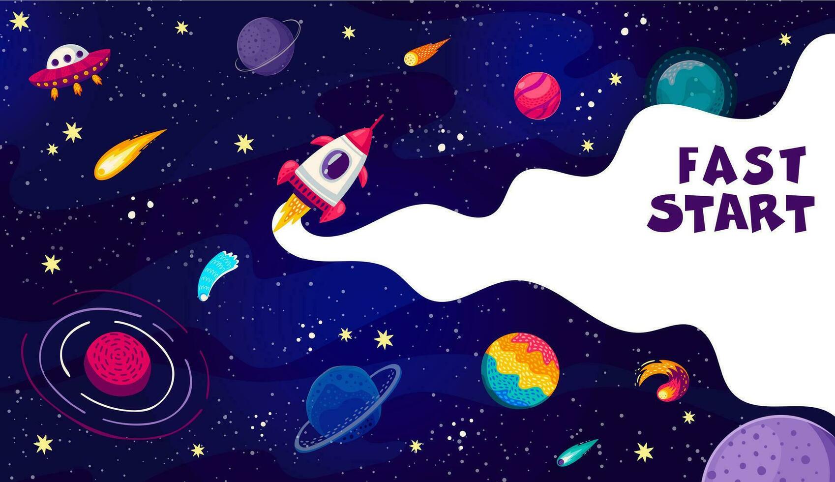 Fast start business concept, space rocket launch vector