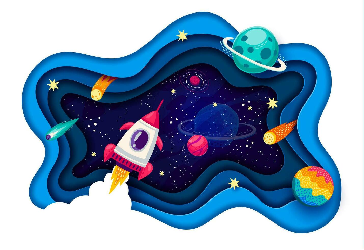 Space paper cut, rocket, starry galaxy, planets vector