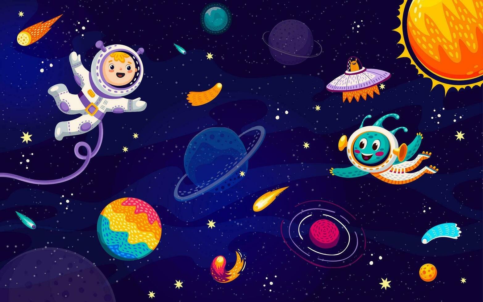 dibujos animados niño astronauta y extraterrestre en exterior espacio vector