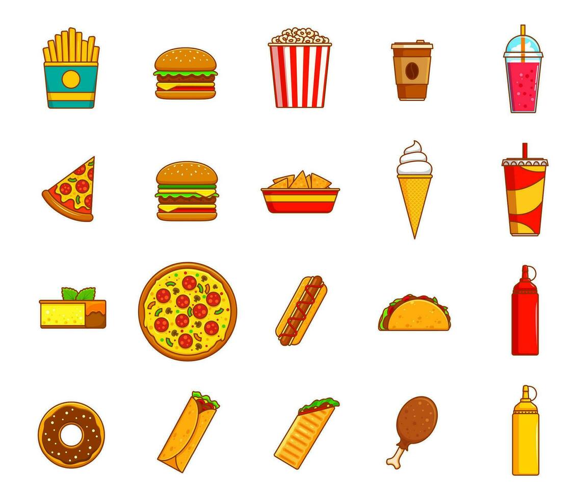 fast food meals and drink thin line icons set vector